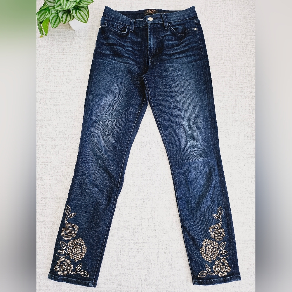 7 For All Mankind Jen 7 High Rise Ankle Jean Brass Metallic Embellished Floral - Picture 2 of 11